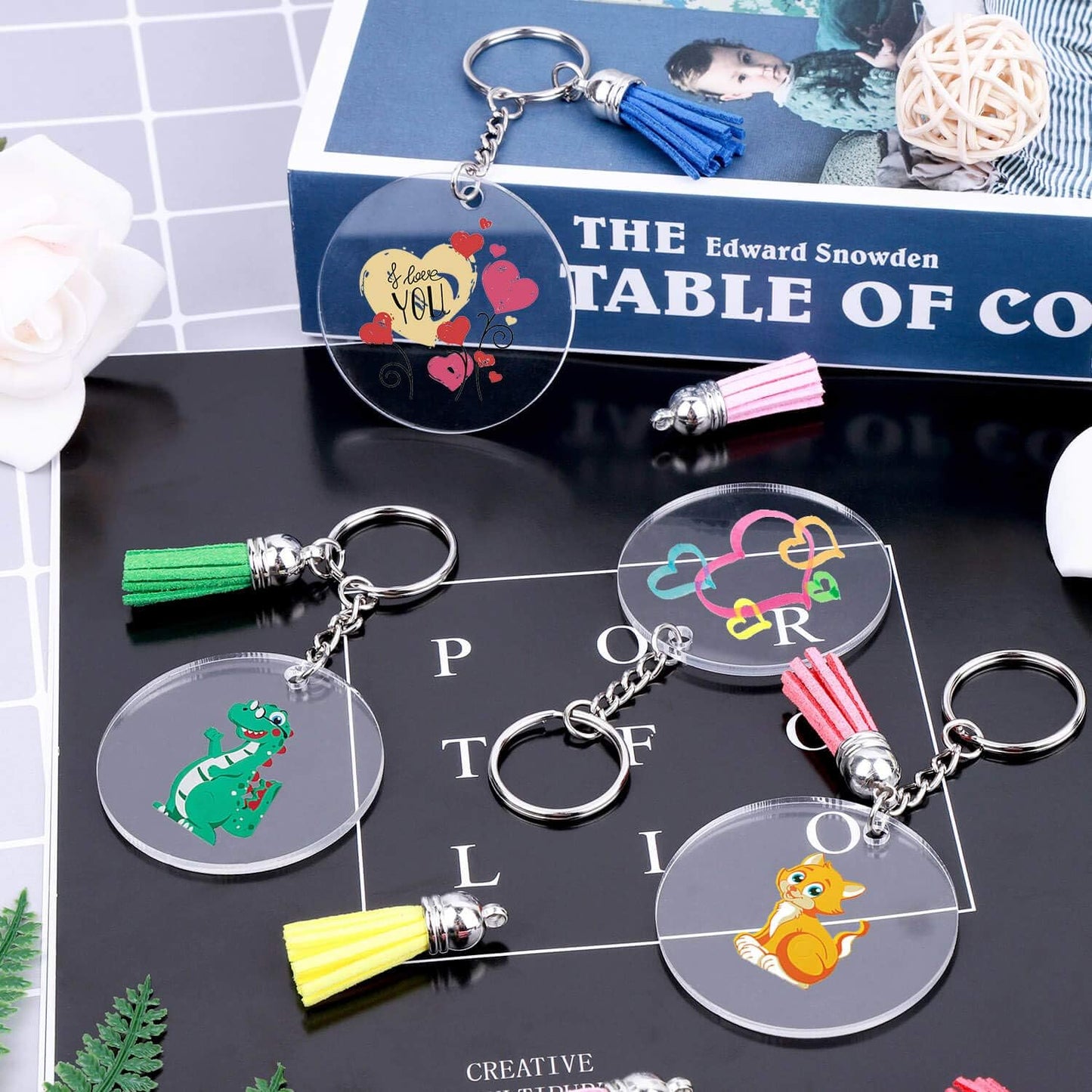 Acrylic Keychain Blanks Kit Clear Blanks with Tassels Key Rings Jump Rings for DIY Vinyl Crafting