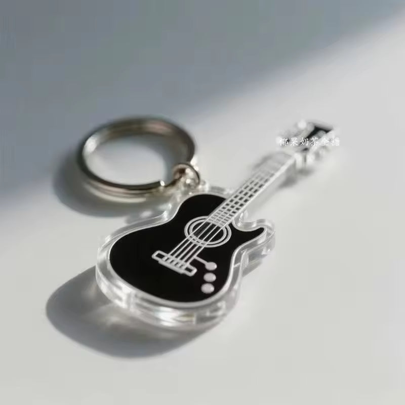 Custom Keychain New 2D Acrylic Creative Musical Instrument Guitar Simple Girly Style Rose Pattern Keychain Pendant Gift