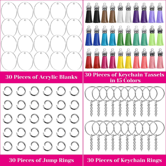 Acrylic Keychain Blanks Kit Clear Blanks with Tassels Key Rings Jump Rings for DIY Vinyl Crafting