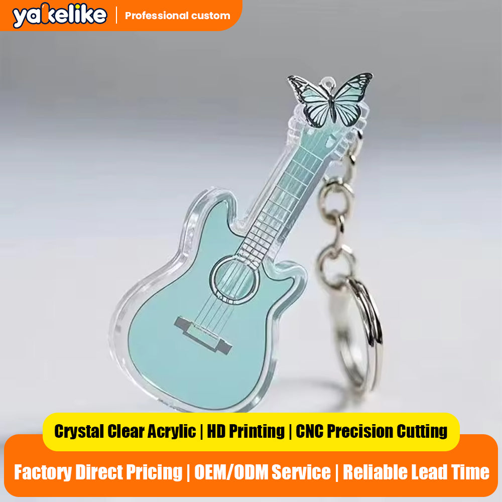 Custom Keychain New 2D Acrylic Creative Musical Instrument Guitar Simple Girly Style Rose Pattern Keychain Pendant Gift