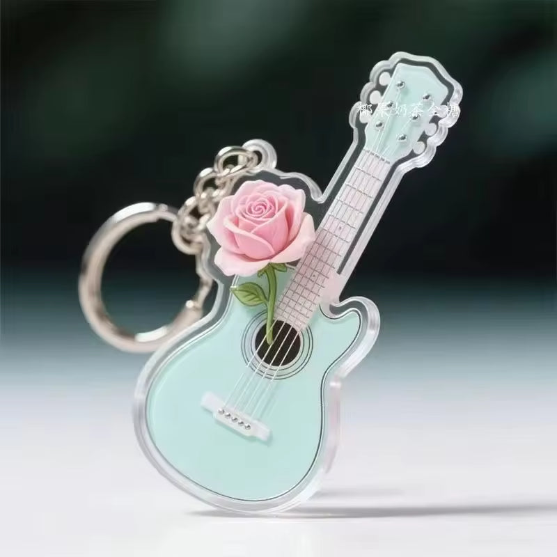 Custom Keychain New 2D Acrylic Creative Musical Instrument Guitar Simple Girly Style Rose Pattern Keychain Pendant Gift