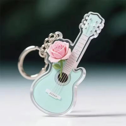 Custom Keychain New 2D Acrylic Creative Musical Instrument Guitar Simple Girly Style Rose Pattern Keychain Pendant Gift