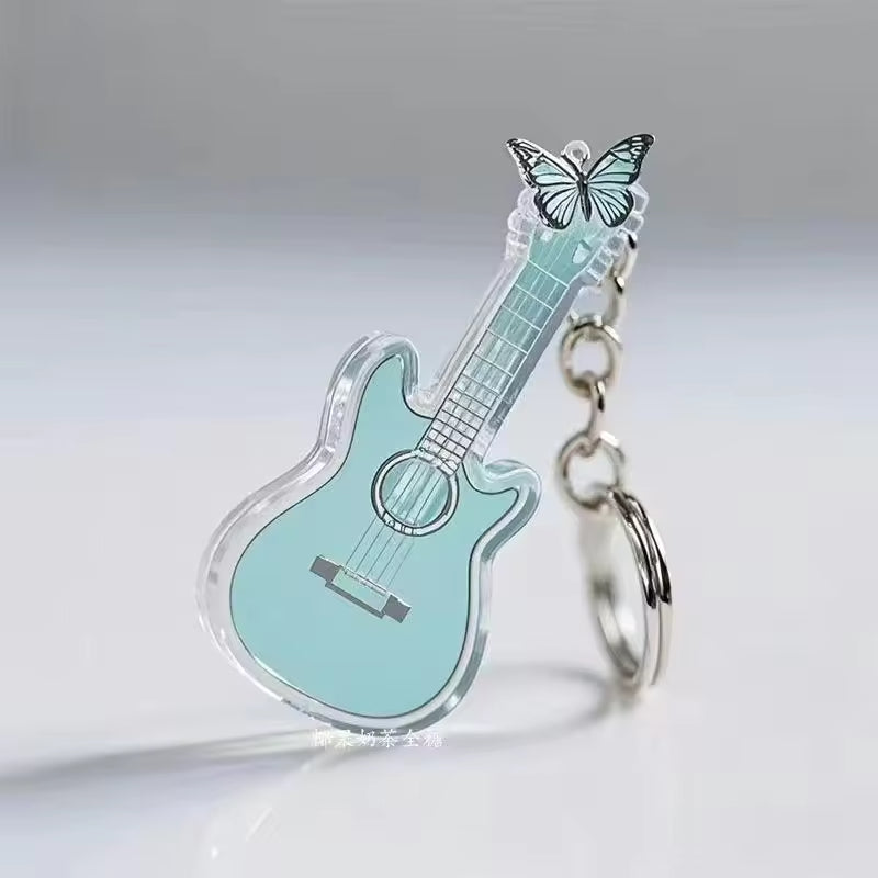 Custom Keychain New 2D Acrylic Creative Musical Instrument Guitar Simple Girly Style Rose Pattern Keychain Pendant Gift