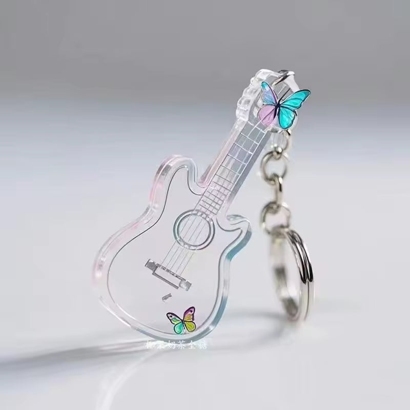 Custom Keychain New 2D Acrylic Creative Musical Instrument Guitar Simple Girly Style Rose Pattern Keychain Pendant Gift