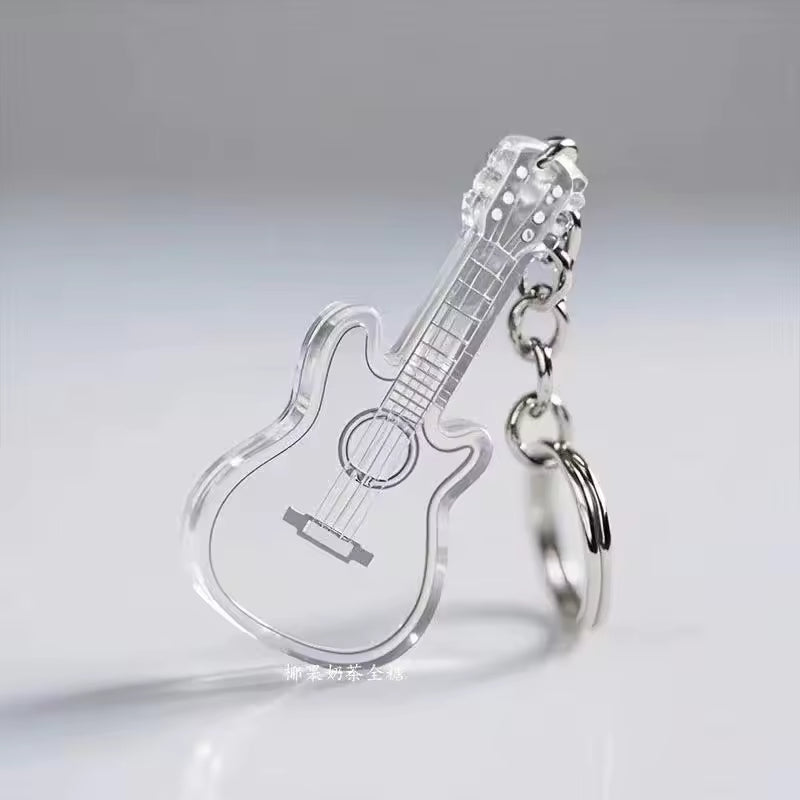 Custom Keychain New 2D Acrylic Creative Musical Instrument Guitar Simple Girly Style Rose Pattern Keychain Pendant Gift