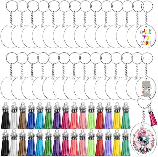 Acrylic Keychain Blanks Kit Clear Blanks with Tassels Key Rings Jump Rings for DIY Vinyl Crafting